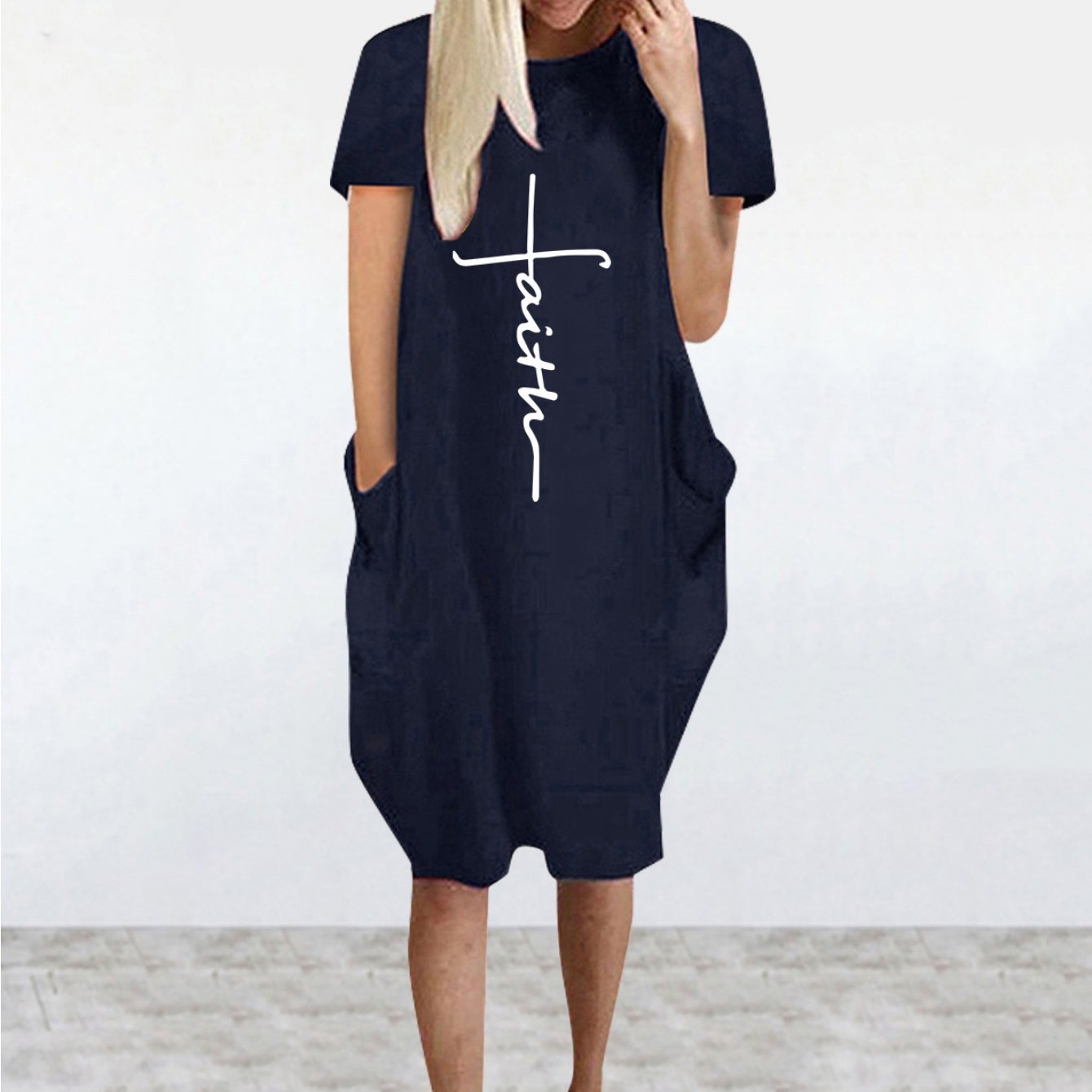 Faith Print Crew Neck Casual Women's Dress With Pockets