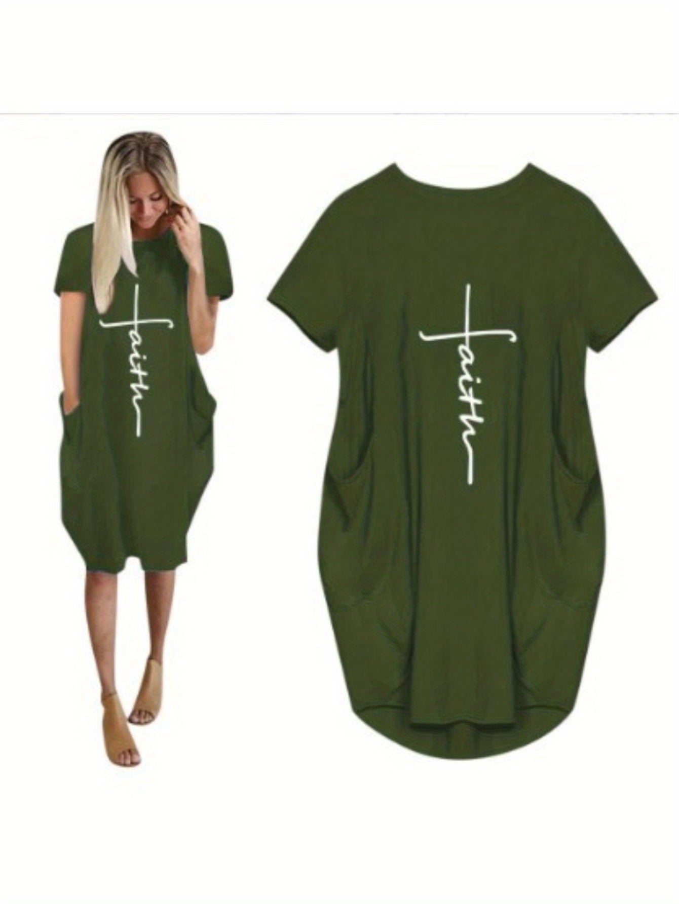 Faith Print Crew Neck Casual Women's Dress With Pockets