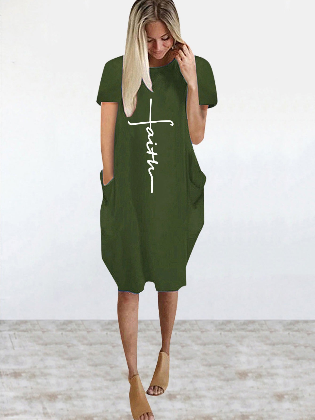Faith Print Crew Neck Casual Women's Dress With Pockets
