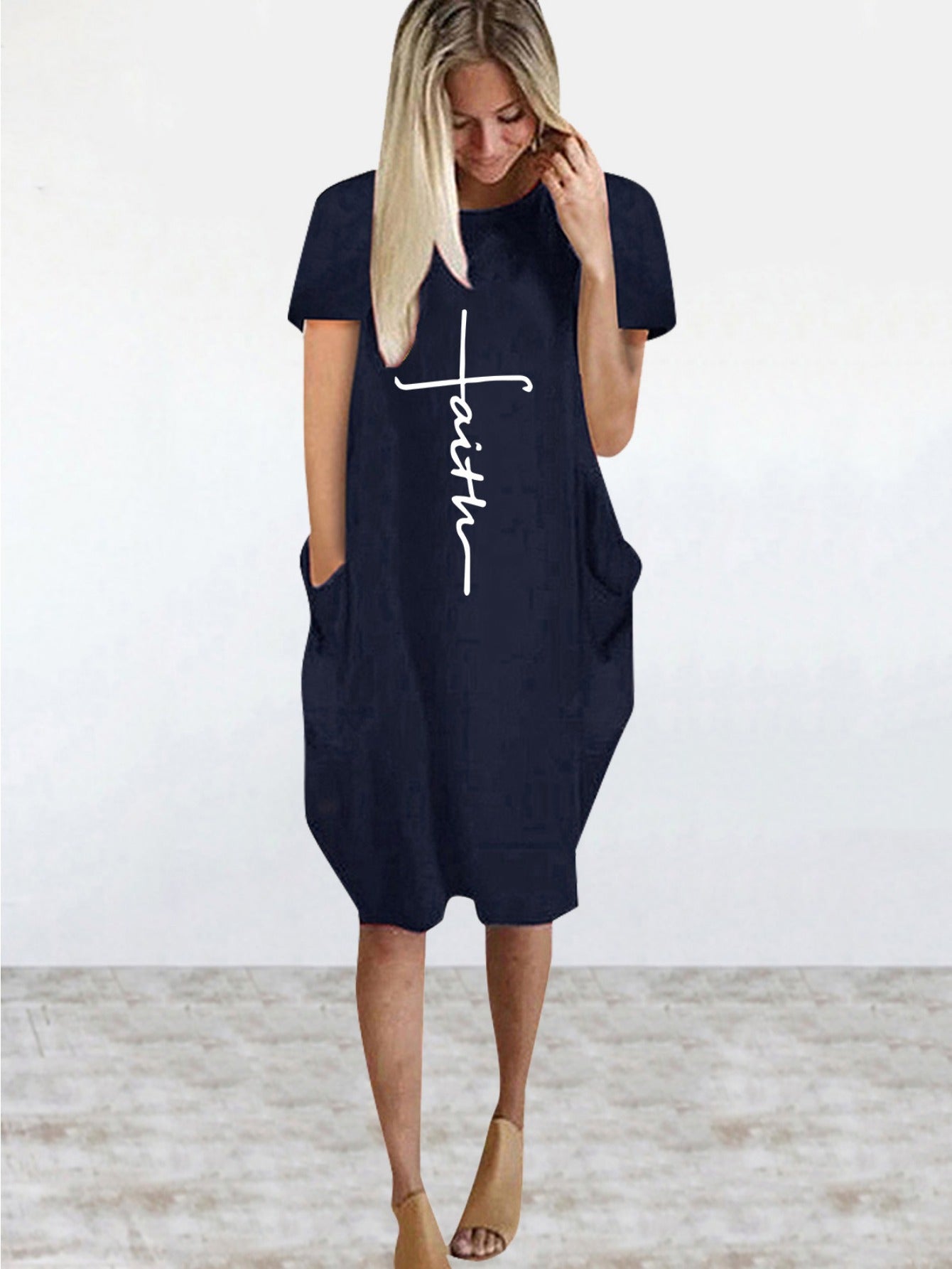 Faith Print Crew Neck Casual Women's Dress With Pockets