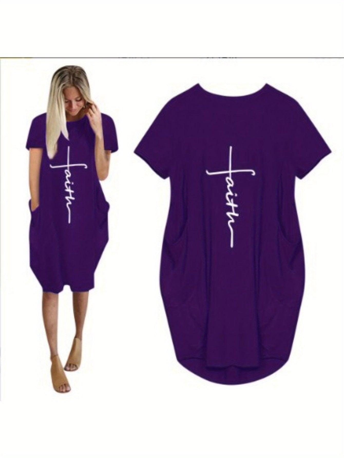 Faith Print Crew Neck Casual Women's Dress With Pockets