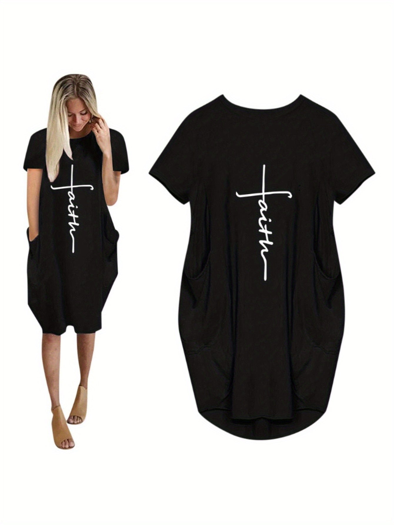 Faith Print Crew Neck Casual Women's Dress With Pockets
