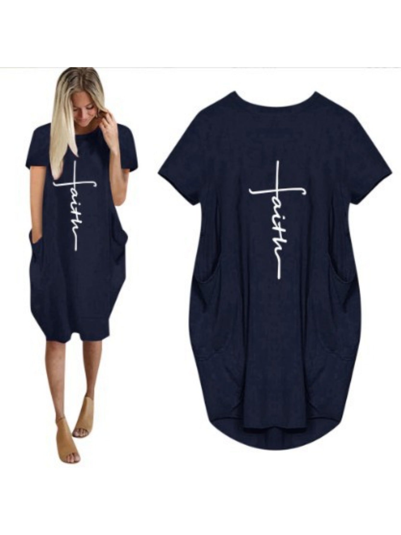 Faith Print Crew Neck Casual Women's Dress With Pockets