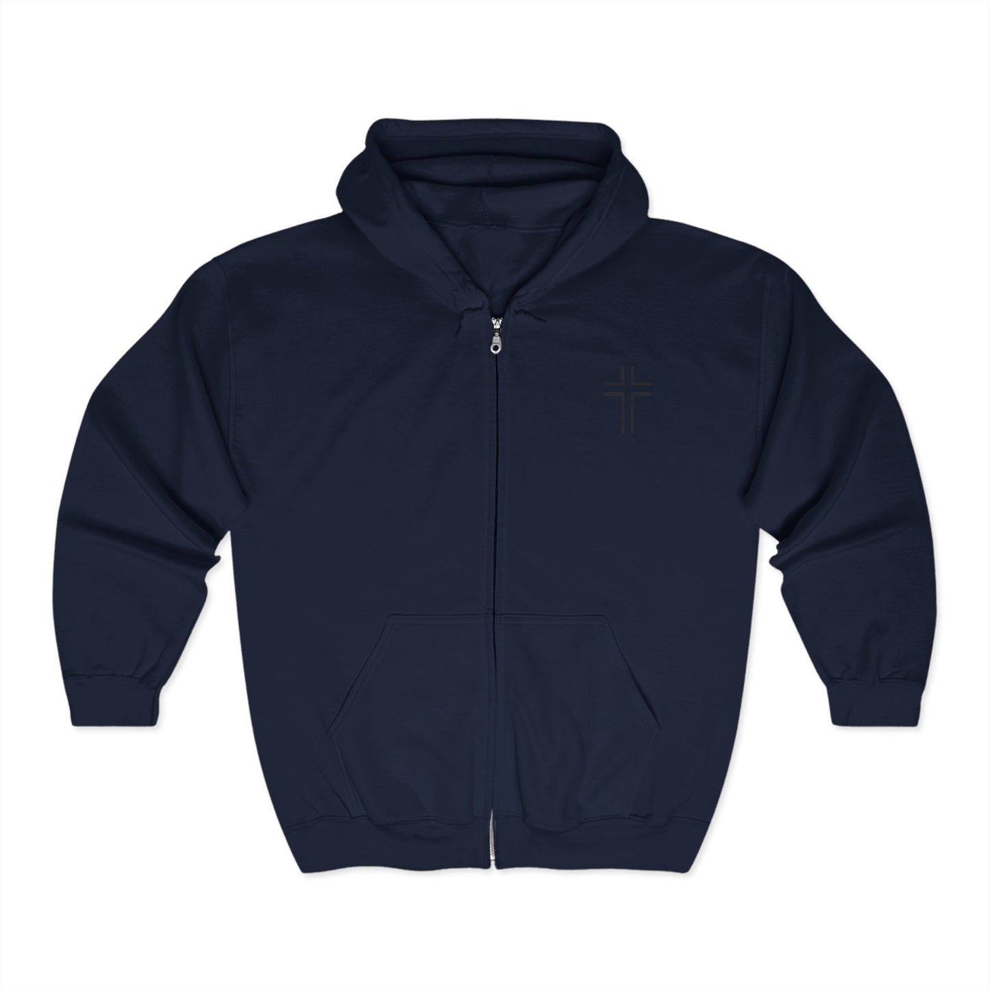 Minimalist | Unisex Full Zip Hooded Sweatshirt with Cross Design