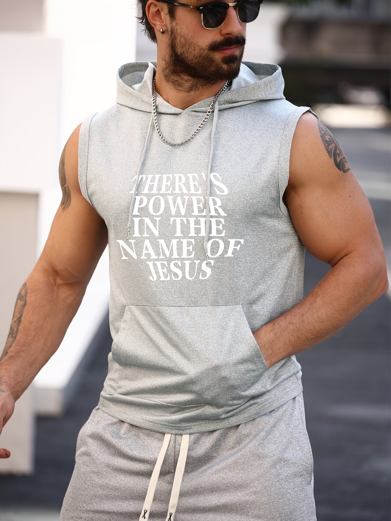 There's Power in the Name of Jesus Print Men's Sleeveless Hooded Tank Top