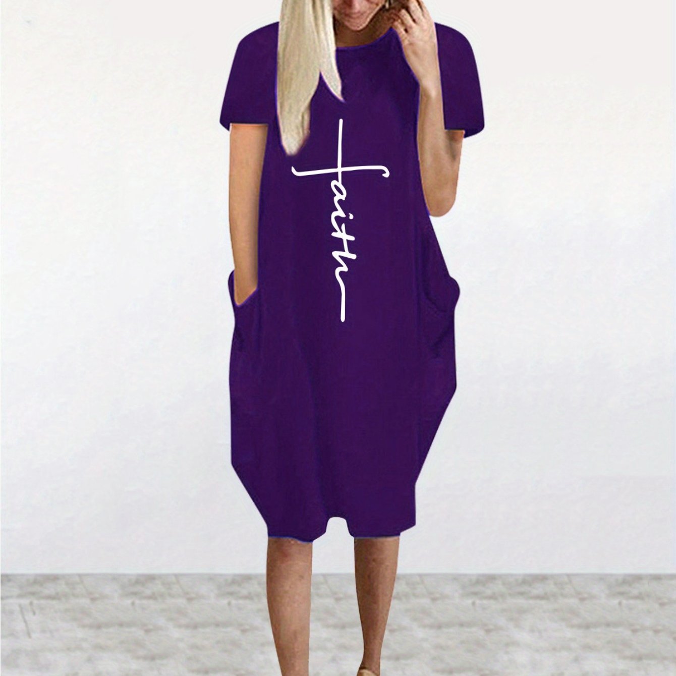 Faith Print Crew Neck Casual Women's Dress With Pockets