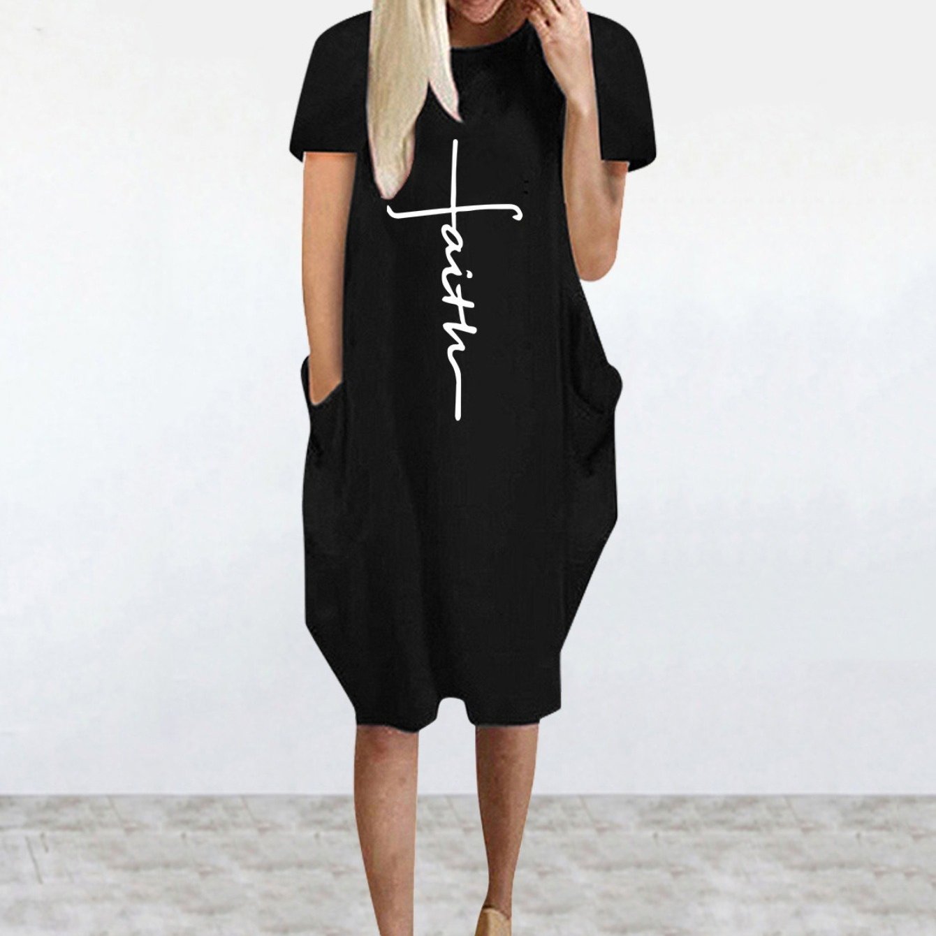 Faith Print Crew Neck Casual Women's Dress With Pockets