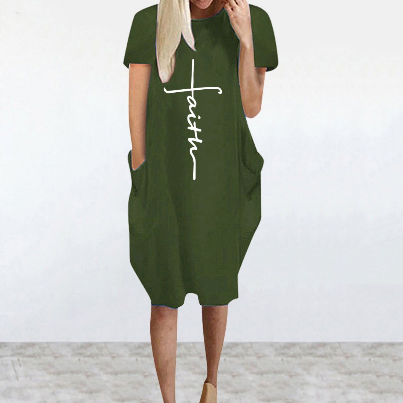 Faith Print Crew Neck Casual Women's Dress With Pockets