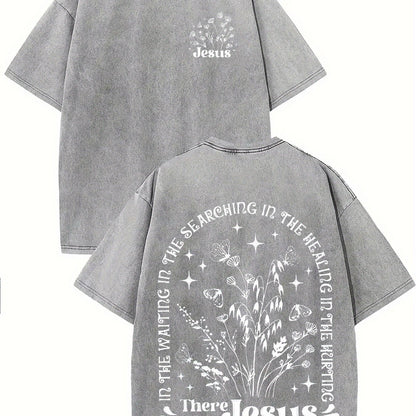 There was jesus Print Oversized Cotton Solid Drop Shoulder T Shirts for Men Vintage Streetwear Basic Tees Baggy Hip Hop Unisex Tops Acid Wash T shirt