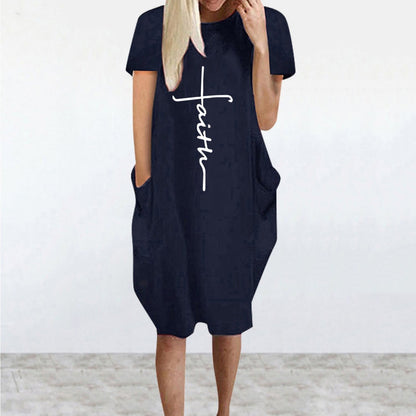 Faith Print Crew Neck Casual Women's Dress With Pockets