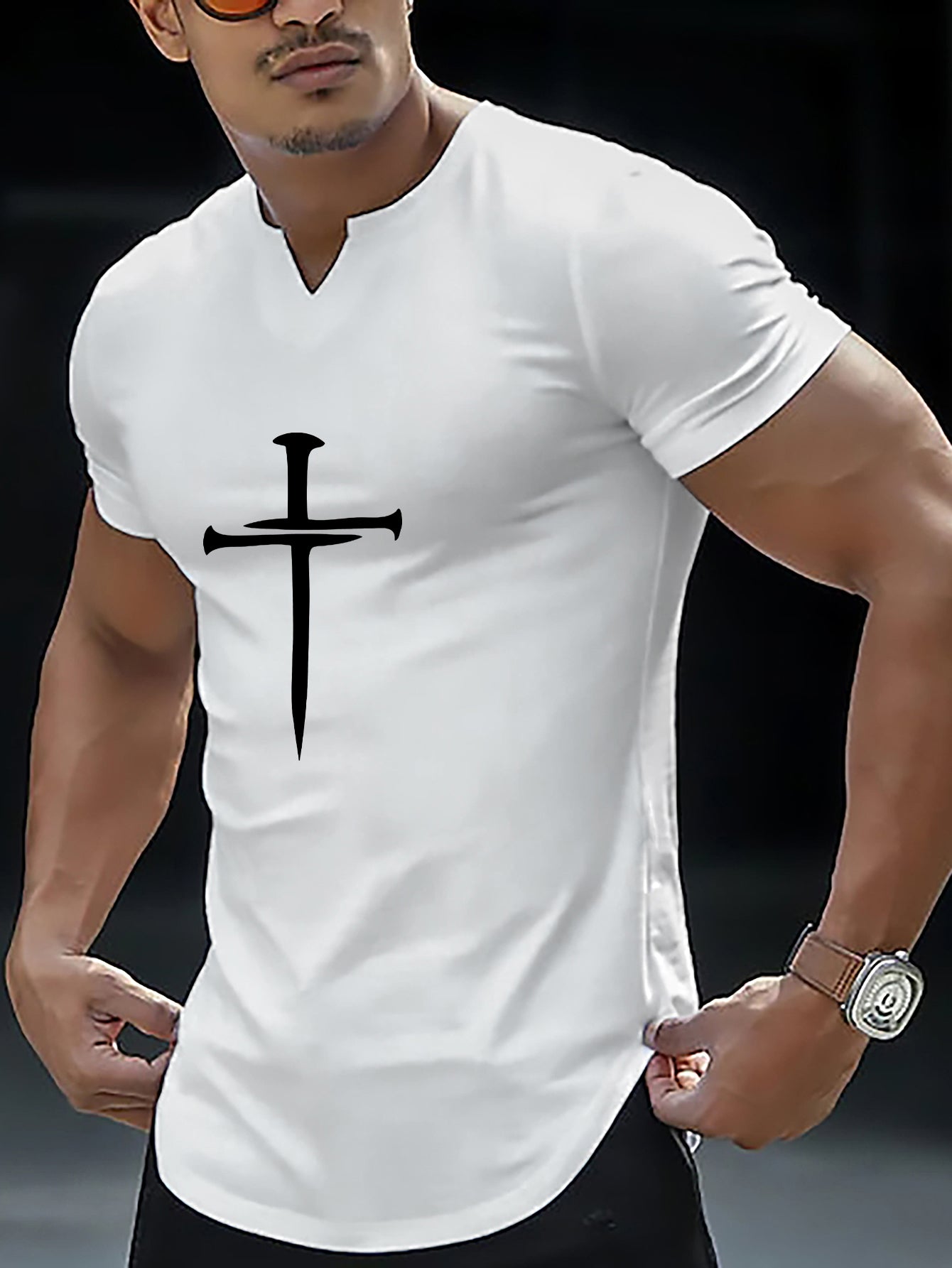 Christian Cross Pattern Print Men's Comfy V-Neck T-shirt