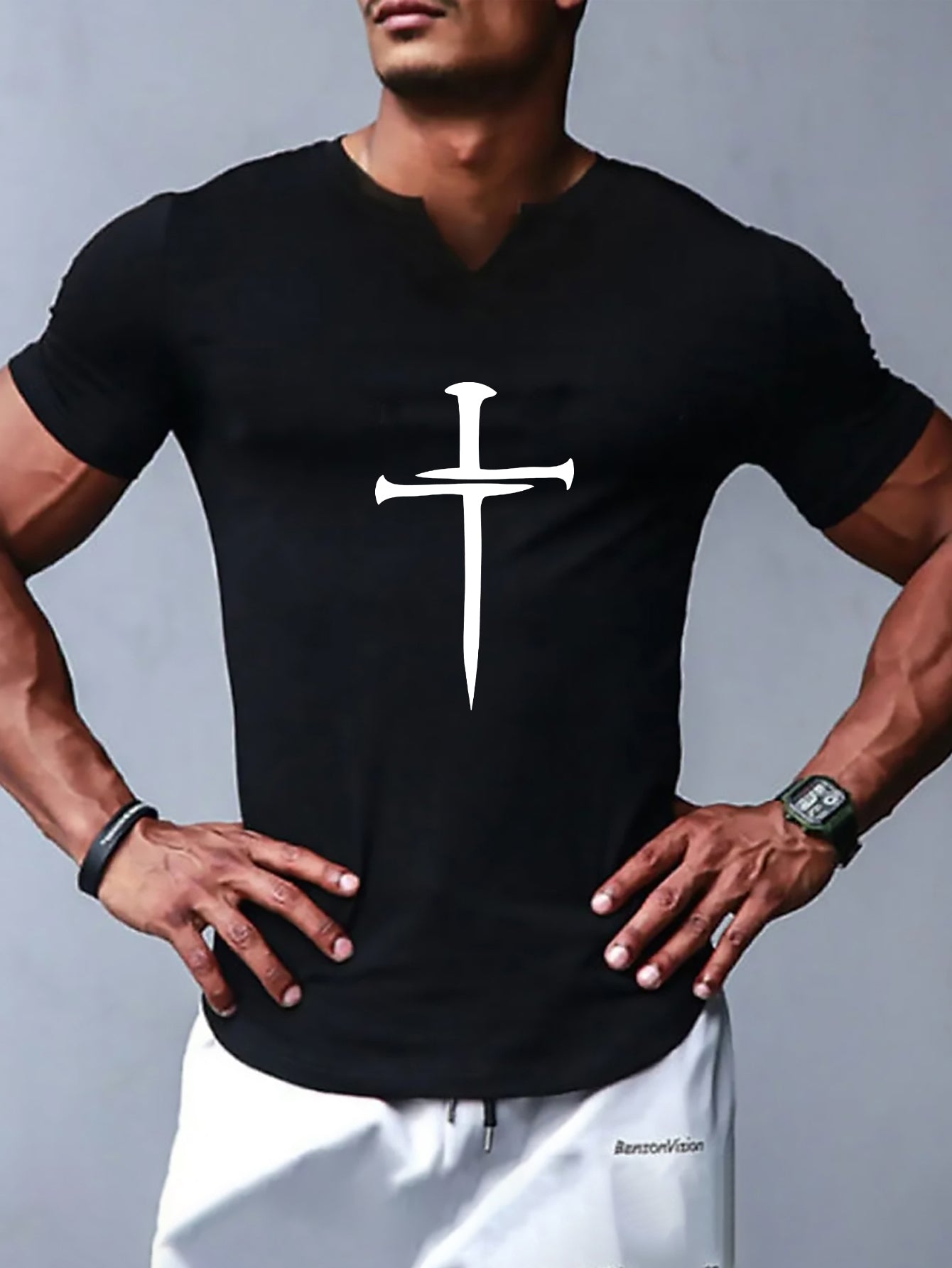 Christian Cross Pattern Print Men's Comfy V-Neck T-shirt