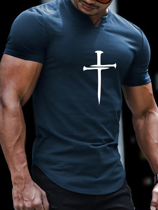Christian Cross Pattern Print Men's Comfy V-Neck T-shirt