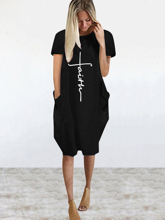 Faith Print Crew Neck Casual Women's Dress With Pockets