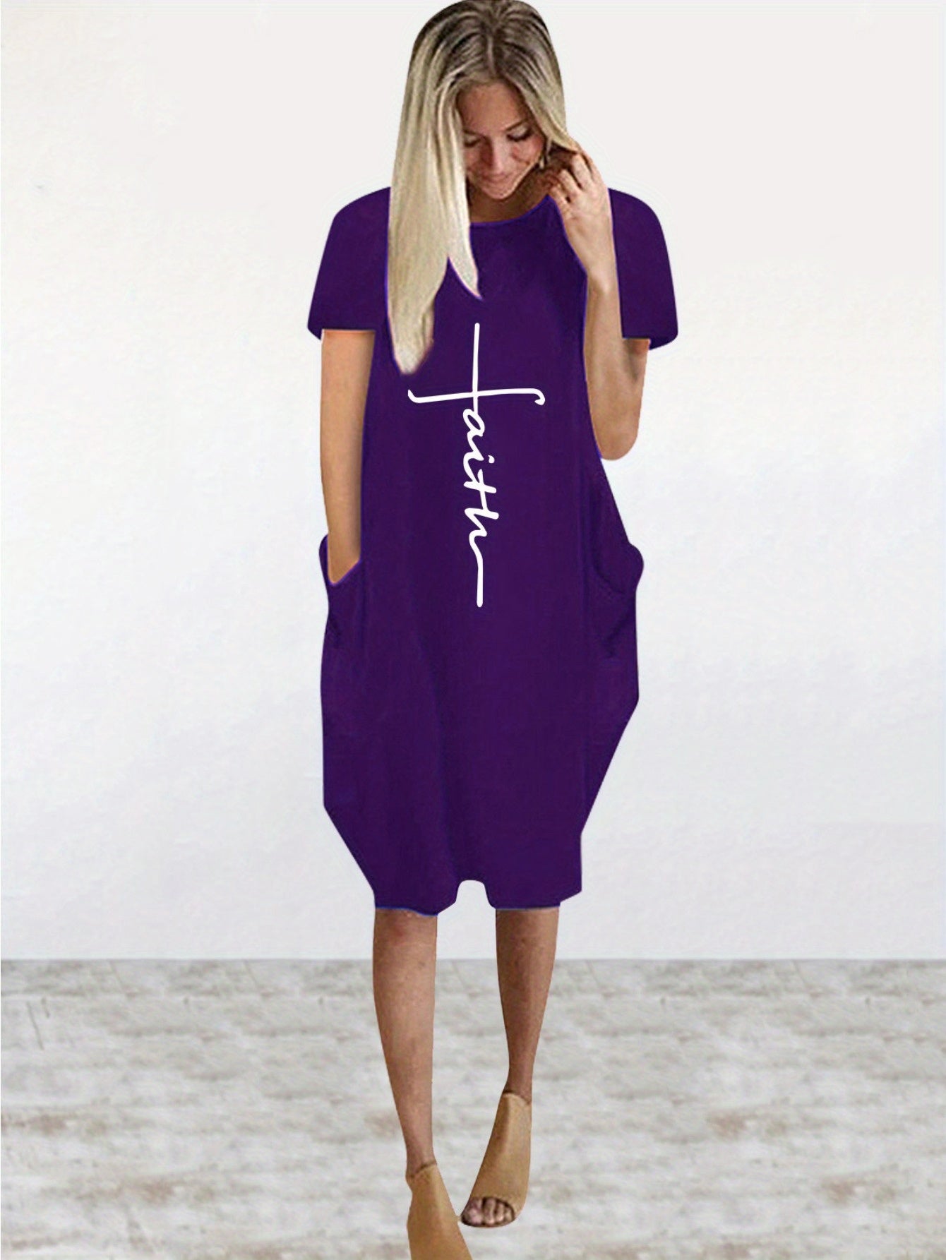 Faith Print Crew Neck Casual Women's Dress With Pockets
