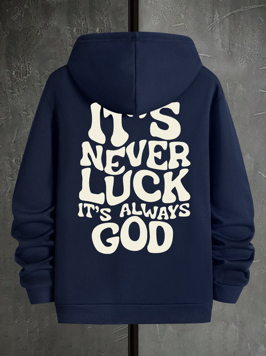 Stylish Faith-Inspired Hoodie - Soft Polyester Knit Fabric, Geometric Lettering Pattern, Casual Fit with Slight Stretch, "It's Never Luck, It's Always God" Inspirational Print, Regular Fit, Unisex Design
