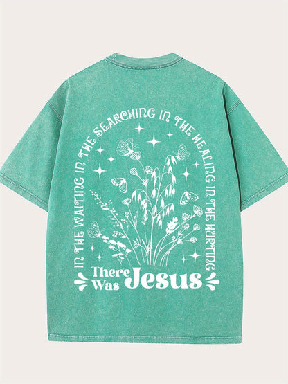 There was jesus Print Oversized Cotton Solid Drop Shoulder T Shirts for Men Vintage Streetwear Basic Tees Baggy Hip Hop Unisex Tops Acid Wash T shirt