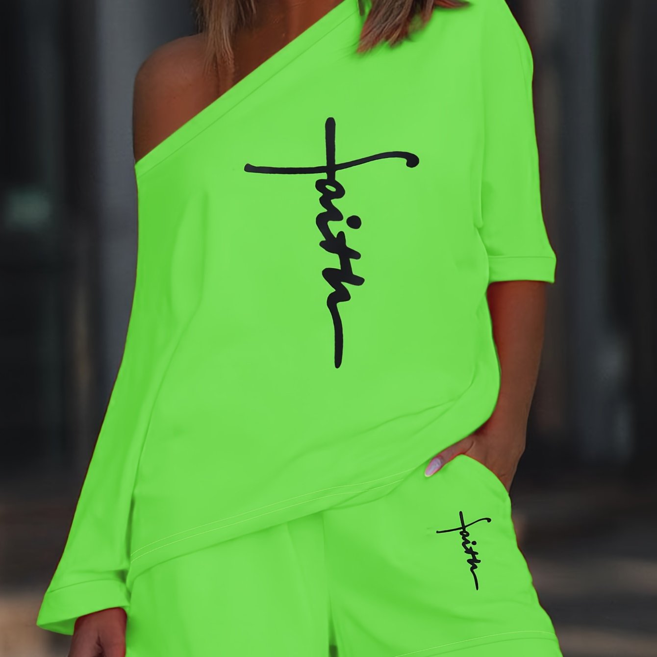 2 Piece Women's Vibrant Faith Letter Print Set With Asymmetrical Shoulder