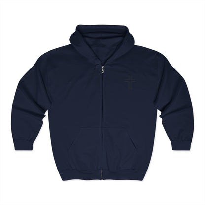Minimalist | Unisex Full Zip Hooded Sweatshirt with Cross Design