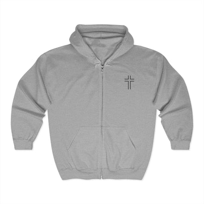 Minimalist | Unisex Full Zip Hooded Sweatshirt with Cross Design