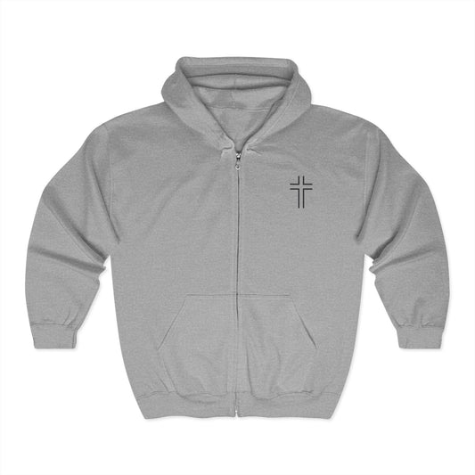 Minimalist | Unisex Full Zip Hooded Sweatshirt with Cross Design