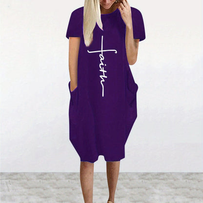 Faith Print Crew Neck Casual Women's Dress With Pockets