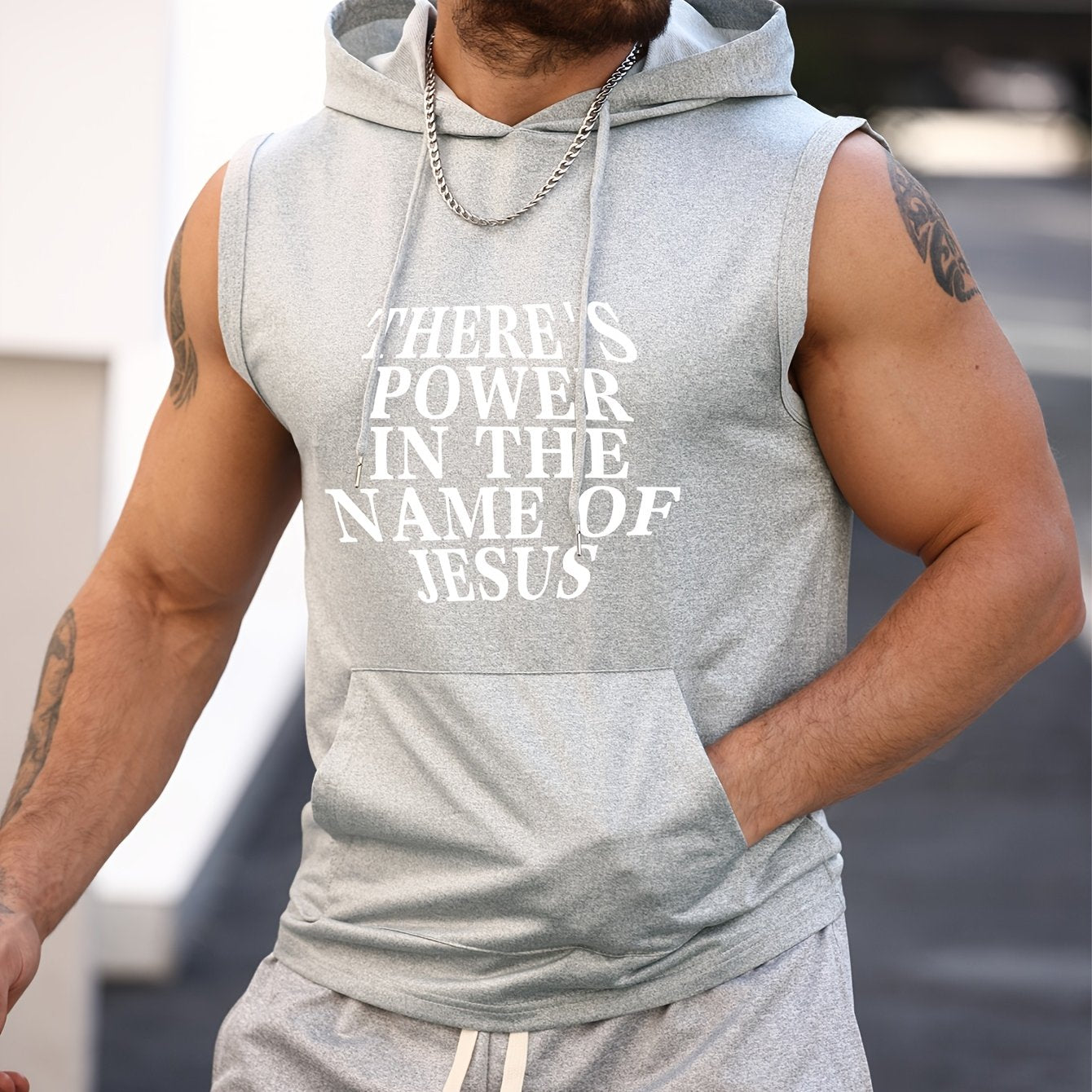 There's Power in the Name of Jesus Print Men's Sleeveless Hooded Tank Top
