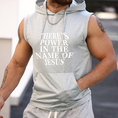 There's Power in the Name of Jesus Print Men's Sleeveless Hooded Tank Top