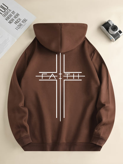 FAITH Print Kangaroo Pocket Casual Long Sleeve Drawstring Men's Hoodie