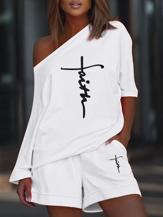 2 Piece Women's Vibrant Faith Letter Print Set With Asymmetrical Shoulder
