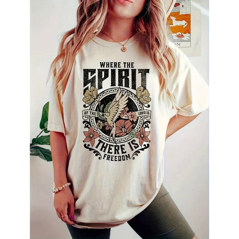 1215 Spirit Bird & Letter Print Crew Neck T-Shirt, Casual Short Sleeve Top For Spring & Summer, Women's Clothing