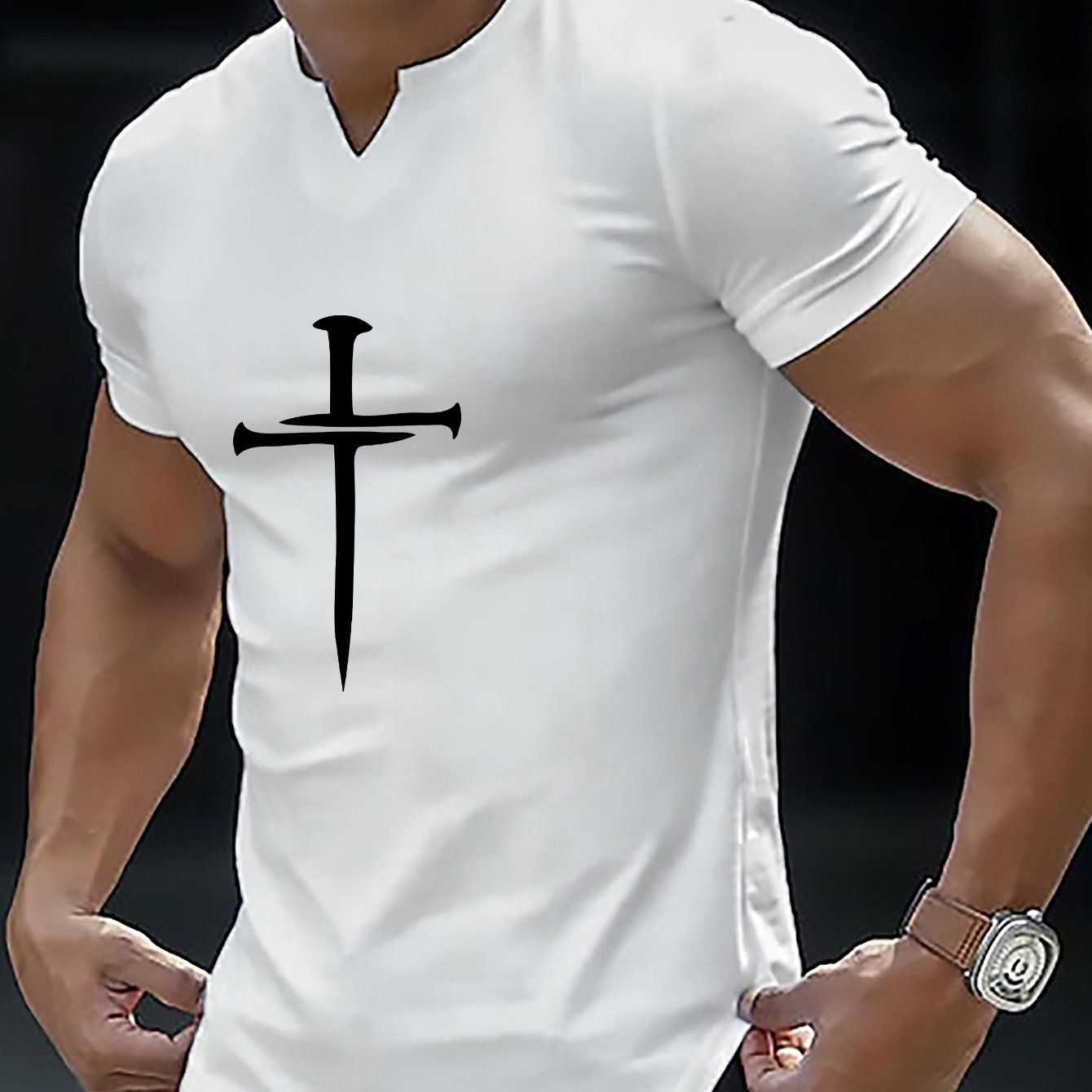 Christian Cross Pattern Print Men's Comfy V-Neck T-shirt