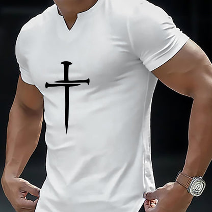 Christian Cross Pattern Print Men's Comfy V-Neck T-shirt