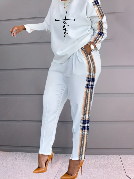 Trendy Two-Piece Faith Plaid Panel Women's Sweatsuit Set