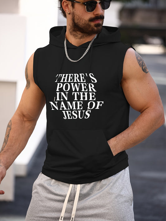 There's Power in the Name of Jesus Print Men's Sleeveless Hooded Tank Top