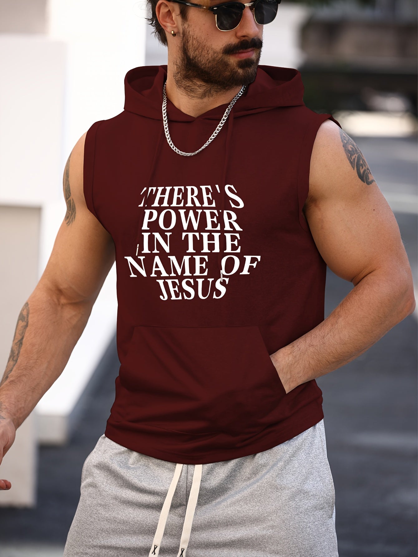 There's Power in the Name of Jesus Print Men's Sleeveless Hooded Tank Top