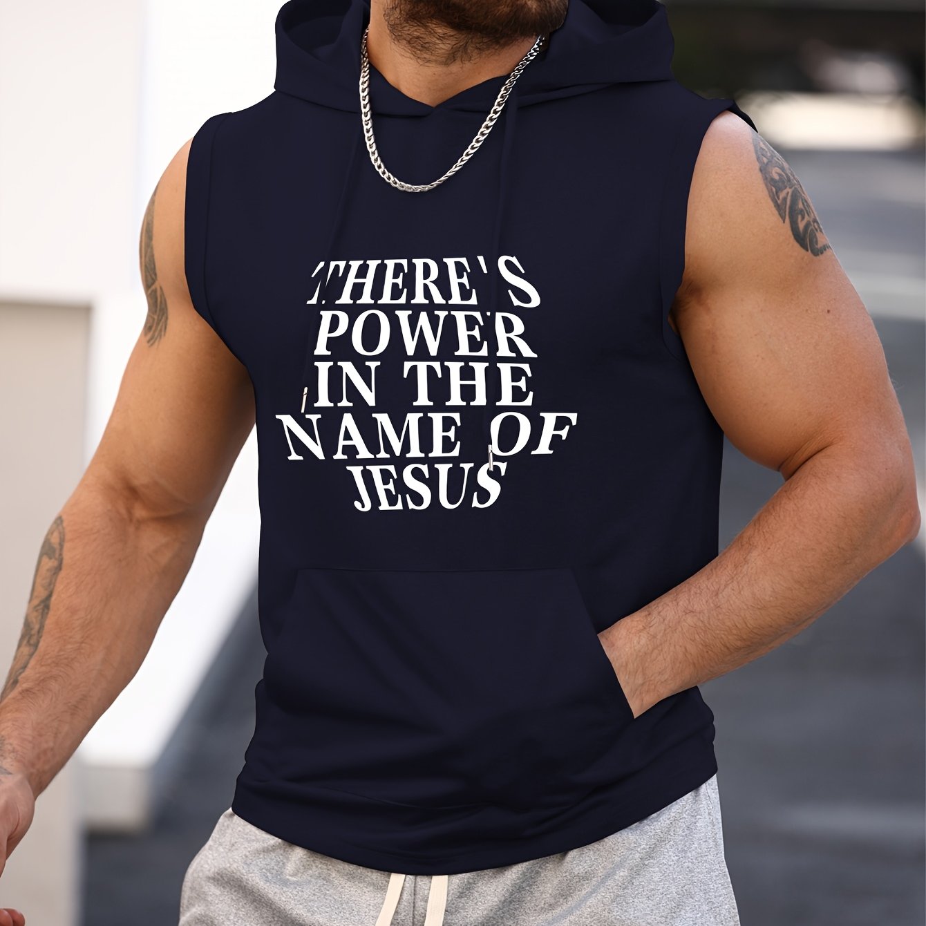 There's Power in the Name of Jesus Print Men's Sleeveless Hooded Tank Top