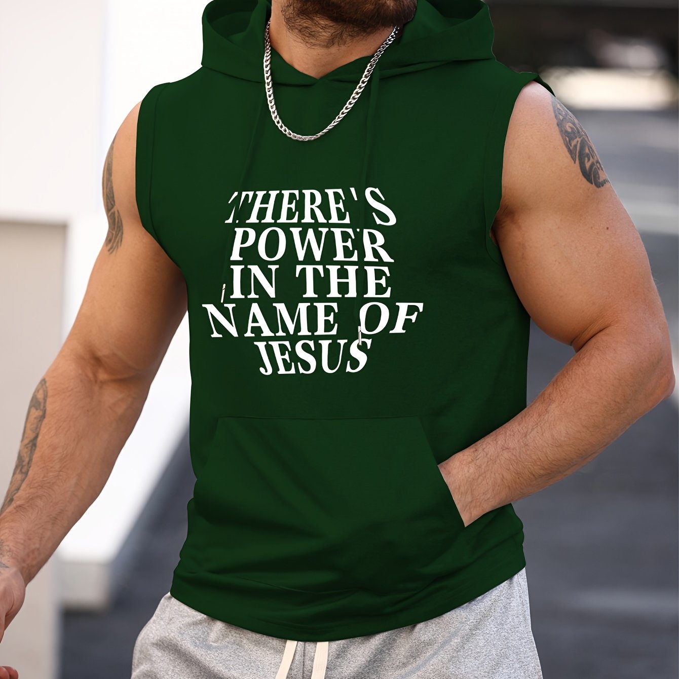 There's Power in the Name of Jesus Print Men's Sleeveless Hooded Tank Top