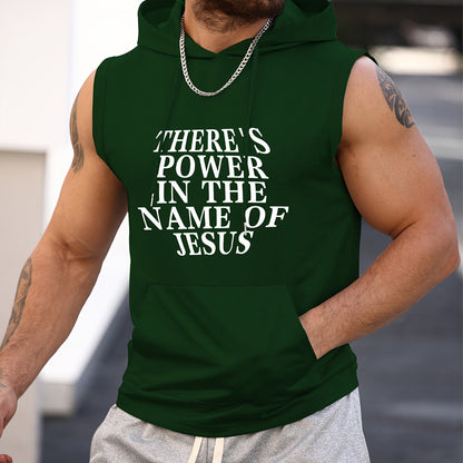 There's Power in the Name of Jesus Print Men's Sleeveless Hooded Tank Top