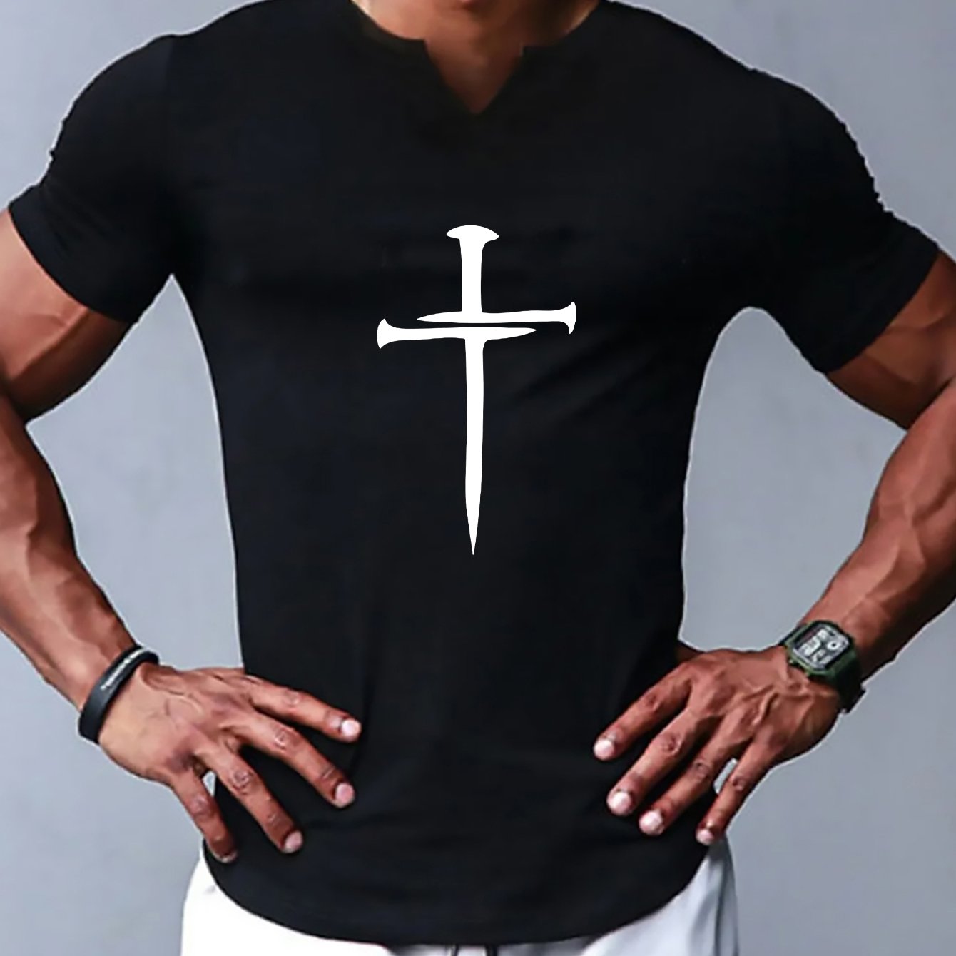 Christian Cross Pattern Print Men's Comfy V-Neck T-shirt