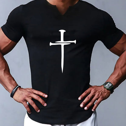 Christian Cross Pattern Print Men's Comfy V-Neck T-shirt