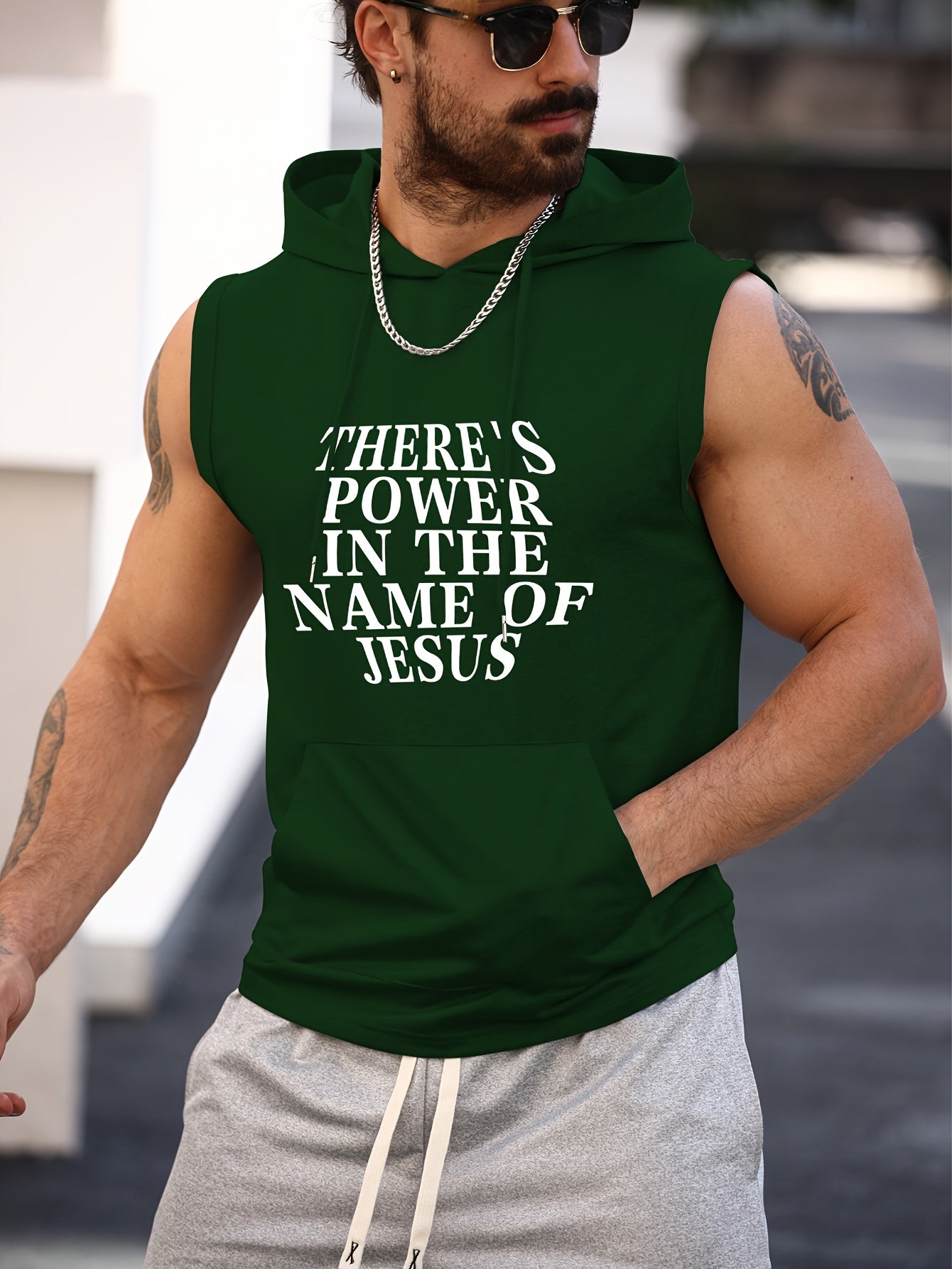 There's Power in the Name of Jesus Print Men's Sleeveless Hooded Tank Top