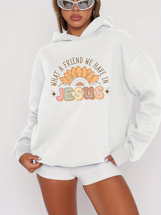 Women's Inspirational Slogan Graphic Hoodie with Jesus Print - Casual Polyester 100% Knit Fabric Hooded Sweatshirt with Rib-Knit Detail - Floral and Alphabet Pattern Pullover for Fall/Winter