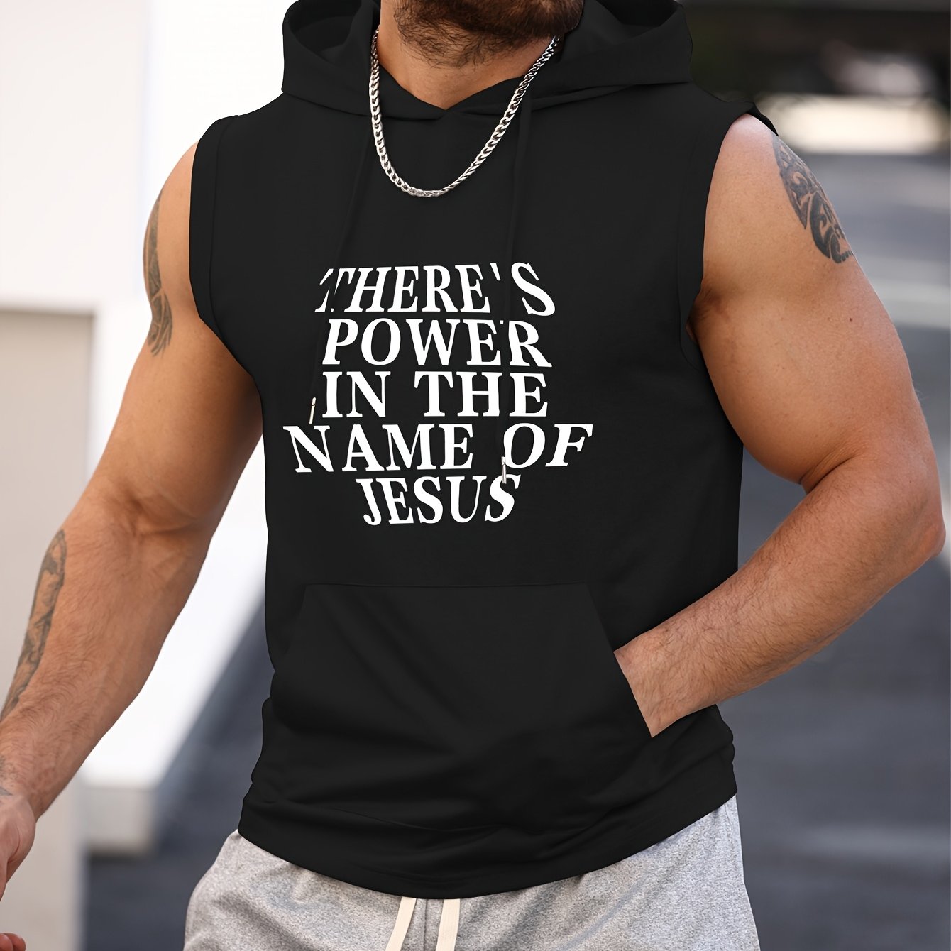 There's Power in the Name of Jesus Print Men's Sleeveless Hooded Tank Top