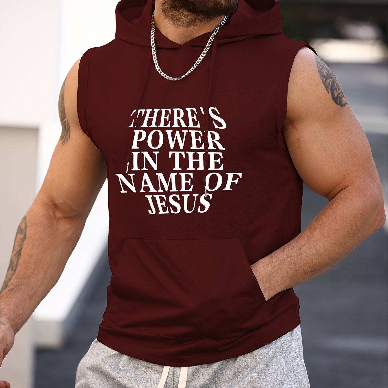 There's Power in the Name of Jesus Print Men's Sleeveless Hooded Tank Top